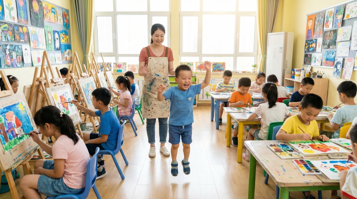 都是中国孩子，一群中国小学生在明亮的教室里上美术课，画室里有一位年龄很小的3岁中国幼儿园小男孩，蹦蹦跳跳神情特别快乐，身后站着一位中国女老师，露出无奈又温柔的神情看着这一幕，整体画面温馨生动，色彩明亮预览效果