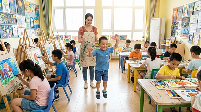 都是中国孩子，一群中国小学生在明亮的教室里上美术课，画室里有一位年龄很小的3岁中国幼儿园小男孩，蹦蹦跳跳神情特别快乐，身后站着一位中国女老师，露出无奈又温柔的神情看着这一幕，整体画面温馨生动，色彩明亮，横幅构图