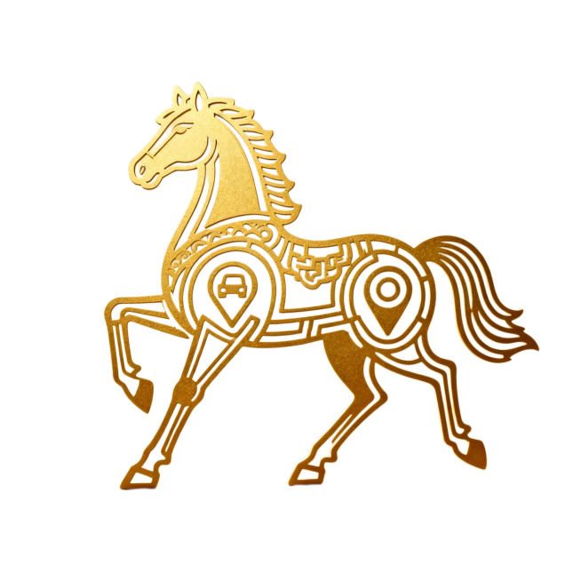 用带有导航图标画一匹春节海报上用的骏马，马的关键部位用导航图标线条设计，金色的平面线条骏马，镂空图片不带背景的PNG图片预览效果