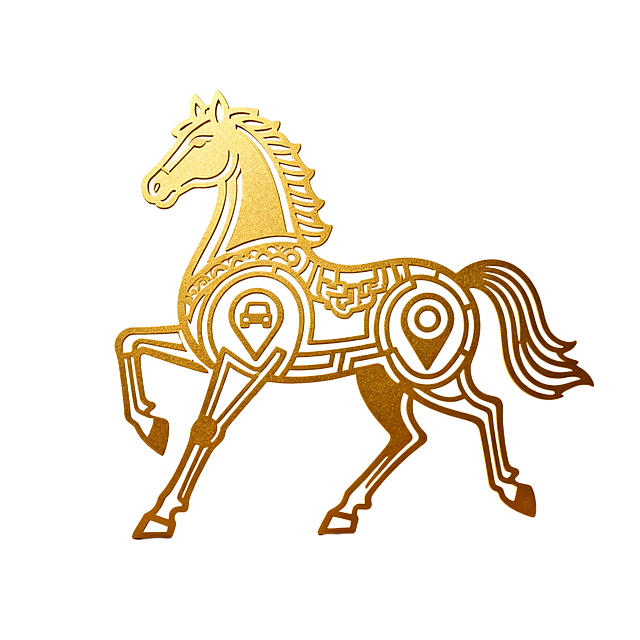 用带有导航图标画一匹春节海报上用的骏马，马的关键部位用导航图标线条设计，金色的平面线条骏马，镂空图片不带背景的PNG图片