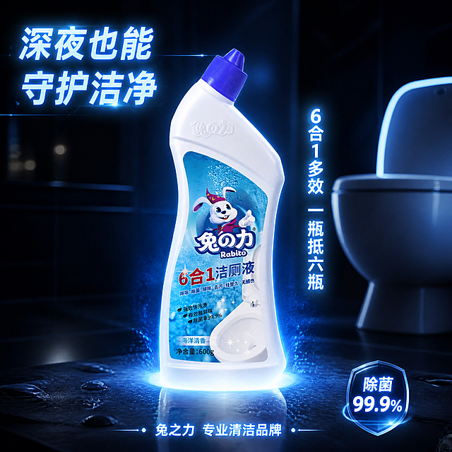 [主图] 兔之力6合1洁厕液夜间发光科技感主图，高端品质风格。
[氛围风格] 深夜浴室科技感，深蓝暗调+蓝色发光效果，高端神秘品质感，差异化视觉冲击。
[画质] 商业摄影质感，暗调高级，发光效果通透，产品清晰锐利，画面有电影感。
[元素] 单瓶兔之力6合1洁厕液站立在深色大理石质感展台上，产品占比约50%。背景是深夜的浴室环境，整体偏暗，只有产品周围发出柔和的蓝色光芒，瓶身标签上的兔子图案微微发光。产品底部有一圈蓝色光晕和上升的发光粒子，仿佛产品本身在释放清洁能量。背景中隐约可见白色马桶的轮廓，被蓝色微光勾勒出边缘。台面上有几滴水珠，在蓝光下晶莹剔透。保持产品外观（物理结构、材质质感、颜色、标签图案）与输入产品图完全一致，杜绝变形和色差。
[光影] 产品自发光作为主光源，蓝色光芒从瓶身向四周扩散；顶部有微弱环境光勾勒瓶身轮廓；底部有反光；整体暗调但产品清晰突出，光影对比强烈，高级感十足。
[配色] 主色深蓝近黑背景，辅助色深灰（大理石台面），主光源色科技蓝（产品发光），点缀色白色（高光/水珠/标签文字）。
[视角构图] 微仰视角度，产品居中；暗背景衬托出发光产品；景深较浅，焦点在产品上，背景虚化；画面有电影海报般的质感。
[文字版式] 左上角发光文字："深夜也能守护洁净"，淡蓝色发光字体，科技感无衬线。产品右侧有竖排发光小字："6合1多效 一瓶抵六瓶"。底部中央有一行发光小字："兔之力 专业清洁品牌"。右下角有小型发光徽章："除菌99.9%"。文字都带有微弱蓝色发光效果，与整体暗调发光风格统一，不遮挡产品主体。
[输出要求] 1:1比例，文字清晰锐利，超高清商业摄影质感。
[负向提示词] 变形，文字错乱，产品图模糊，背景杂乱，水印，电商平台Logo，多余的手，畸形手，人物面部扭曲。