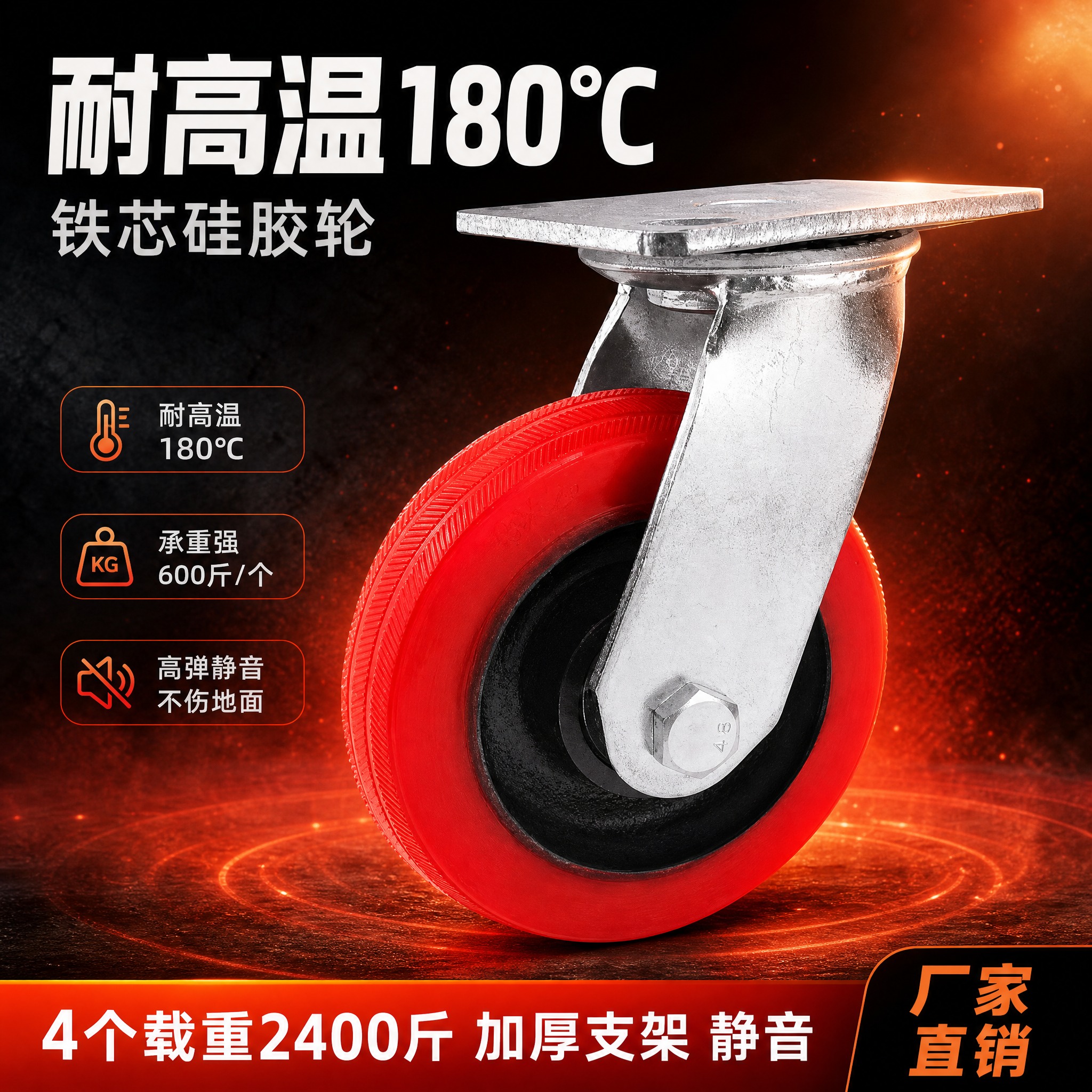 [主图-1] 首图点击率，展示铁芯硅胶万向轮整体外观，突出耐高… - 图片创意预览