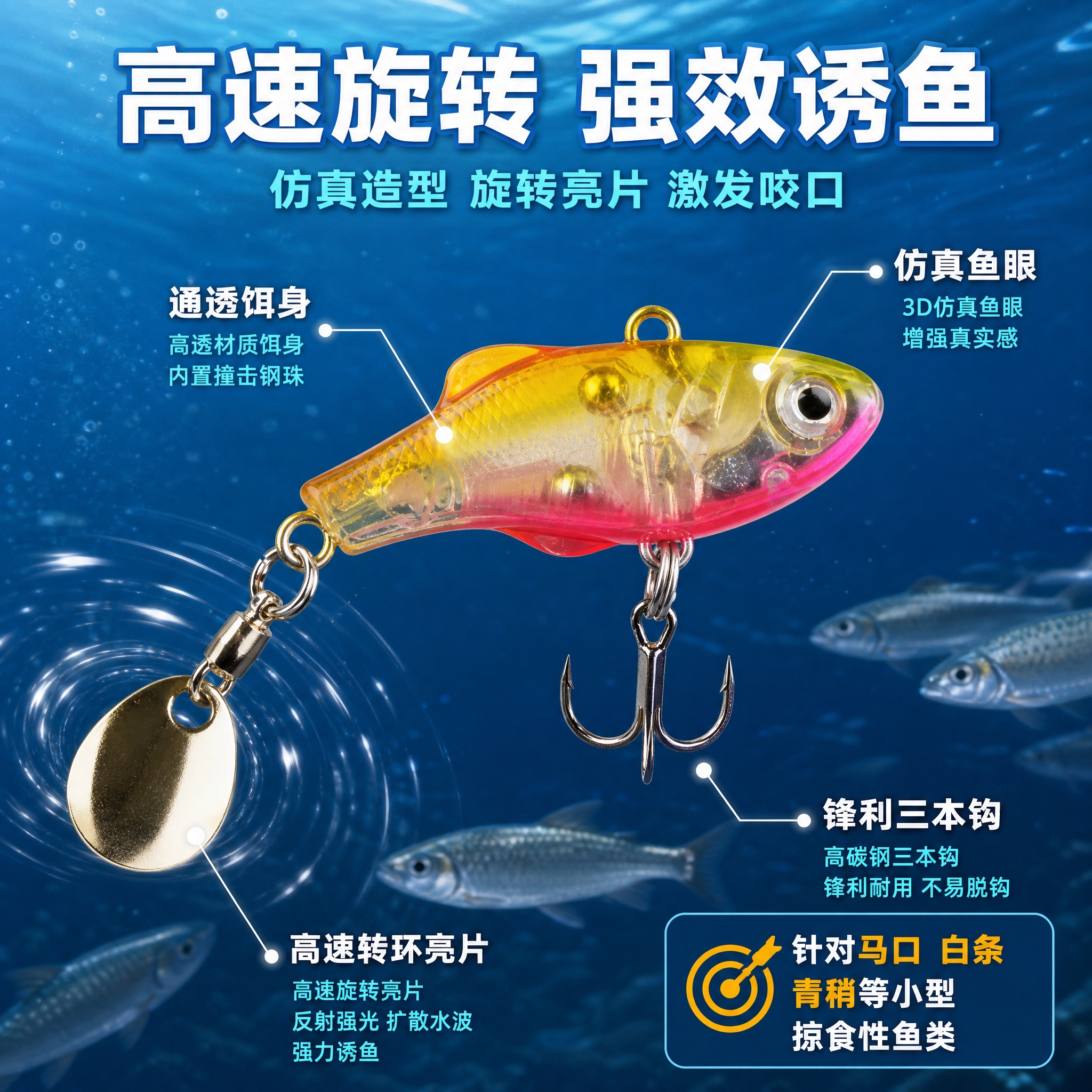 [主图-2] 核心亮点功能证明，展示迷你路亚饵的高速旋转亮片诱… - 图片创意预览