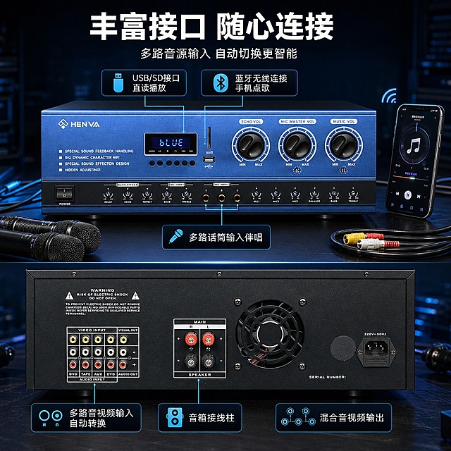 [商品] 使用【图1】HENVA HA-K220功率放大器，正面+背面双角度展示接口部分；保留所有接口、旋钮、接线端子、USB/SD卡槽等细节；产品精修，增强接口金属触点和端子质感。
[画面] 页面目标：丰富接口与连接功能实测展示。构图：上下分栏，上半部分展示前面板接口（USB、话筒、旋钮），下半部分展示背面接口（音视频输入输出、音箱接线柱）；中间用引线标注各接口名称和功能；背景为深色科技工作台场景，有连接线材和手机蓝牙示意元素。
[视觉] 套系策略：风格=深色科技专业商业摄影风；标题字=粗黑无衬线黑体；正文字=简洁无衬线黑体；主色=深海蓝+炭黑；背景延展=基于深海蓝和炭黑做深浅渐变、同色层级和细腻金属/磨砂质感；强调色=冰蓝色，仅用于小面积图标、引线、标签和光效；标题色=纯白色；正文色=浅灰色；组件=圆角深色信息卡、细线冰蓝引线、科技感图标；光影=左前侧冷硬光，产品边缘有蓝色轮廓光，金属质感强烈。
[文字] 顶部主标题：丰富接口 随心连接，副标题：多路音源输入 自动切换更智能；引线标注：USB/SD接口直读播放、蓝牙无线连接手机点歌、多路话筒输入伴唱、多路音视频输入自动转换、混合音视频输出、音箱接线柱；文字全部横向排版，引线清晰不遮挡接口。
[规格] 图片比例1:1方版，4K分辨率，避免变形、错字、文字过小、产品颜色改变、结构失真、接口标注错误。