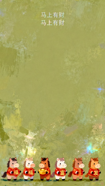 极简主义东方美学，治愈系手绘风格插画，柔和的橄榄绿色背景，上方大面积留白，画面底部一排穿着喜庆的可爱手绘插画小马，多样造型：拿福字、拿财字、拿富字、拿发字，上方文字“马上有财”，清新软萌，轻松温暖，极预览效果