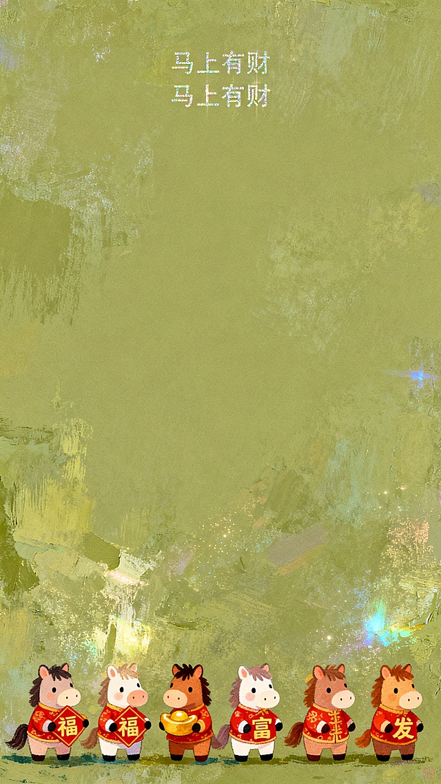 极简主义东方美学，治愈系手绘风格插画，柔和的橄榄绿色背景，上方大面积留白，画面底部一排穿着喜庆的可爱手绘插画小马，多样造型：拿福字、拿财字、拿富字、拿发字，上方文字“马上有财”，清新软萌，轻松温暖，极简风格，大量留白，油画厚涂质感，意识流朦胧迷幻，层次感梦幻效果，明显磨砂颗粒质感，颜色鲜明，高级感优雅，浪漫主义故事感设计感，字体细闪珠光感，光影层次感，电影质感梦幻光影，肌理反光折射光影弥散，抽象表达艺术氛围