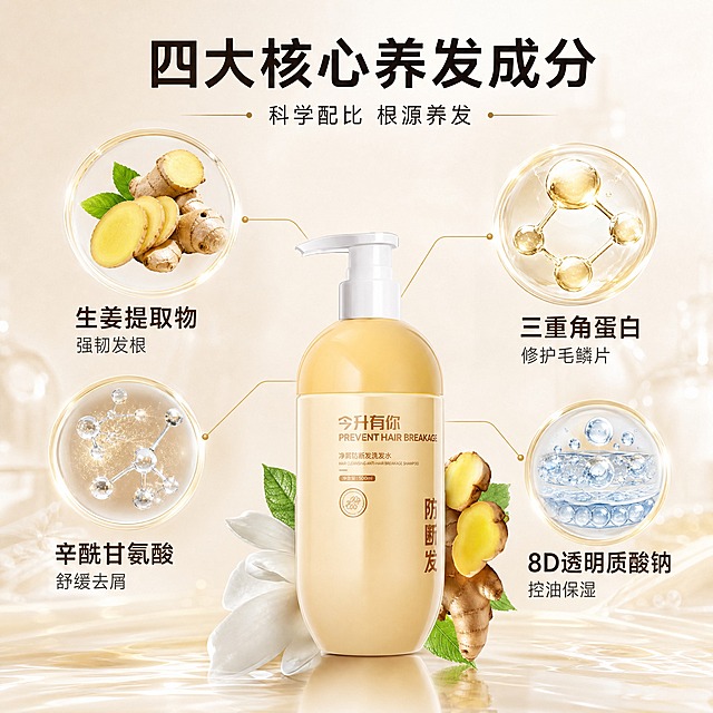 [主图-2] 核心成分解析，核心任务是展示洗发水的四大核心养发成分及其功效，用成分可视化的方式建立专业信任，让消费者直观理解产品的养发原理。
[统一基调] 整体风格为高级植萃养发风，暖调香槟米白主色，搭配蜂蜜暖黄与生姜暖棕点缀，干净非衬线粗体标题字，辅助文字为深棕灰色，强调色为暖金色，卡片与图标采用圆角细线风格，柔光箱自然光质感，画面通透有呼吸感。
[画面] 产品瓶身位于画面底部中央，正面展示，占画面约30%比例，瓶身完整。画面中上部为四大核心成分环绕展示，采用悬浮式成分环绕布局：左上方是新鲜生姜切片与根茎，配引线标注「生姜提取物 强韧发根」；右上方是三重角蛋白的3D分子结构球体（透明质感带暖金光晕），配引线标注「三重角蛋白 修护毛鳞片」；左下方是辛酰甘氨酸的微观晶体结构示意，配引线标注「辛酰甘氨酸 舒缓去屑」；右下方是8D透明质酸钠的水分子层结构（多层透明水球），配引线标注「8D透明质酸钠 控油保湿」。各成分元素错落分布，用细暖金色引线连接到产品瓶身，形成成分-产品的关联逻辑。背景为浅米白渐变，带有淡淡的实验室科技感微光。
[光影质感] 商业摄影级柔光质感，成分原料有真实材质光影，生姜有自然表皮纹理与切面光泽，分子球体有通透玻璃质感与内部光晕，整体光影柔和统一，产品底部有真实接触阴影，成分元素有轻微悬浮感但不突兀。
[配色] 主背景为浅米白渐变，产品为蜂蜜暖黄色，成分元素分别呈现生姜黄、叶绿、透明暖金、水蓝透明等自然色彩，引线与图标为暖金色，标题字为深棕黑色，整体色调温暖且有科技专业感。
[文字版式] 画面顶部中央是主标题「四大核心养发成分」，字体为干净非衬线粗体，深棕黑色，字号最大。主标题下方有一行小字辅助说明「科学配比 根源养发」。四个成分分别配有名称与功效两行文字，名称字号稍大（深棕色），功效字号稍小（中灰色），均为非衬线体。引线为细暖金色，端点有小圆点。所有文字横排，不遮挡产品与核心成分视觉。
[输出要求] 1:1正方形比例，2K高清分辨率，产品外观与输入图完全一致，成分可视化清晰专业，文字清晰可读无错字，画面干净有层次，无水印，无平台Logo。负向：产品变形、成分杂乱、文字错漏、画面拥挤、水印、夸张医学暗示。