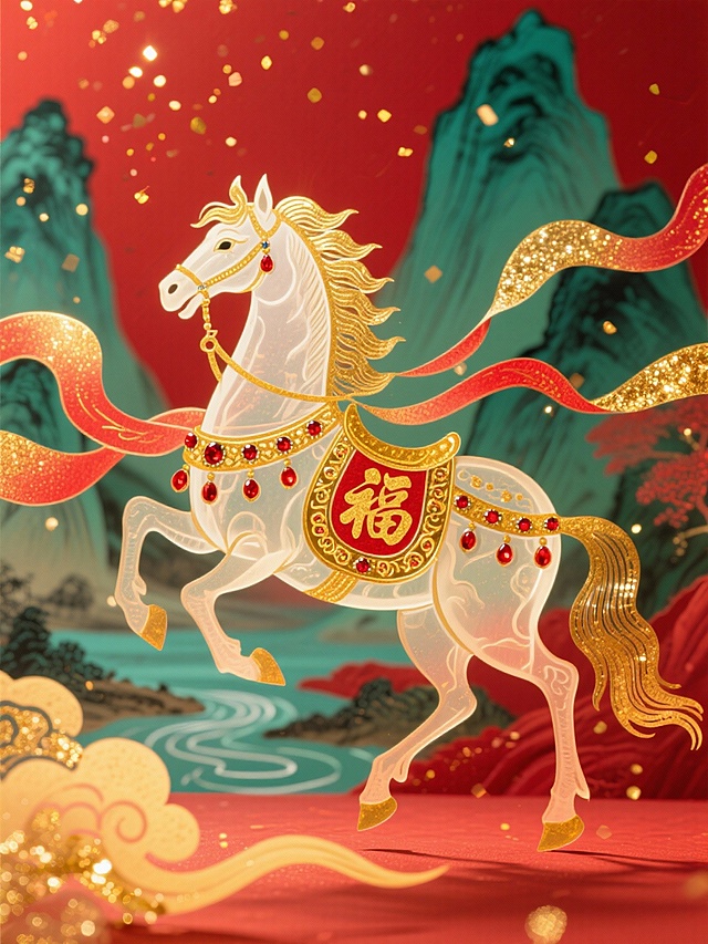 皮影质感，主体是鎏金黑马（半透明，皮影质感，马身饰金色 “福” 字与红金宝相花纹样，华丽鞍具镶满红宝石，鬃毛泛金属光泽），呈四蹄踏云奔腾姿态。周身环绕金红渐变华丽飘带，飘带缀细碎金箔与红光粒子，随风飞扬。背景为正红底色，叠加水墨质感青绿山水，山峦叠翠、流水潺潺，融入漫天细碎金星光效，色调以红、金、青绿为主，新春喜庆氛围浓厚。