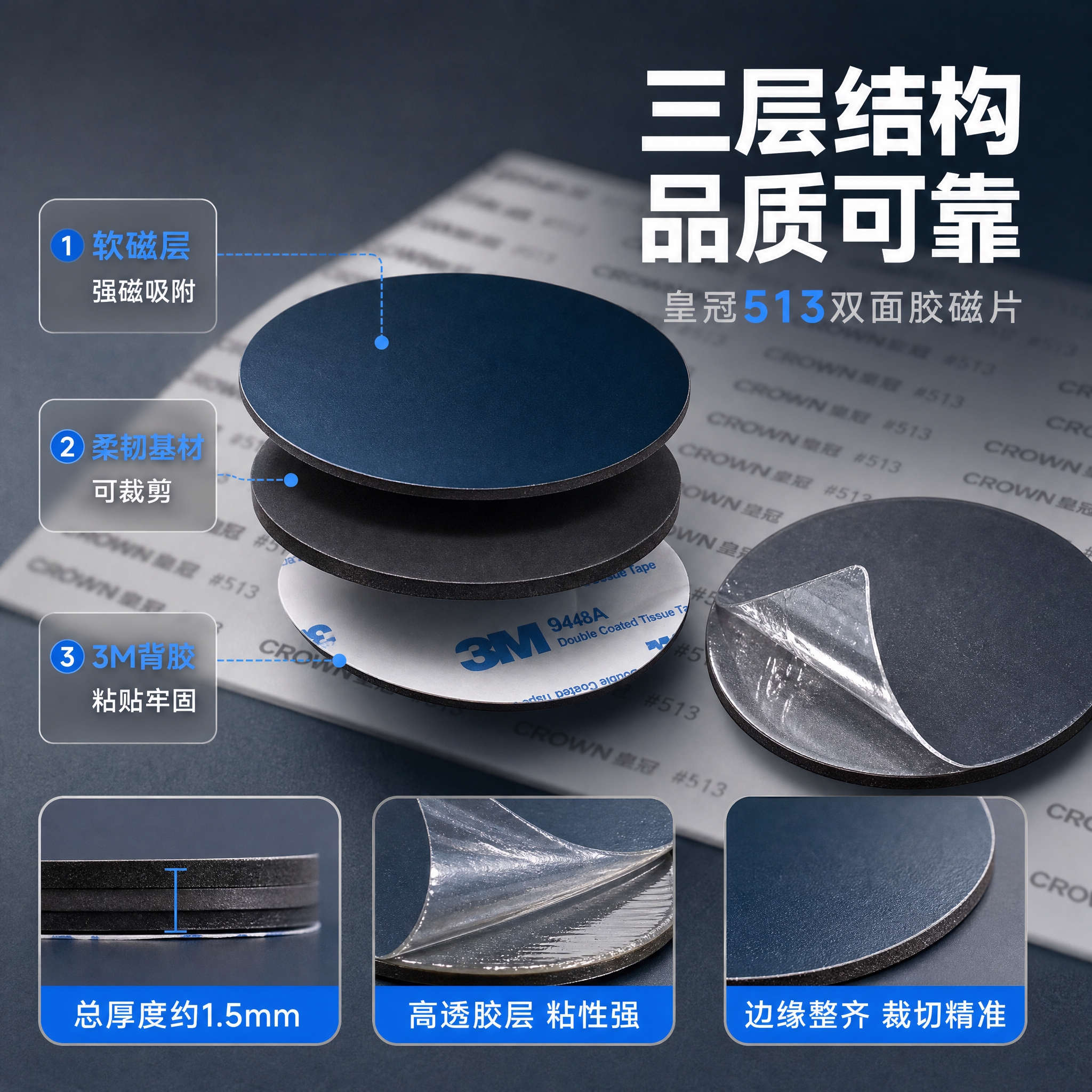 [主图-3] 材质结构细节展示，主题为背胶皇冠513双面胶磁片… - 图片创意预览