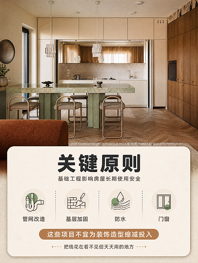 [商品] 使用【图1】中古风厨房岛台场景图；保留薄荷绿大理石岛台、马赛克柱基、棕色金属高脚凳、奶白色整体橱柜、玻璃推拉窗、水晶吊灯、人字形木地板、前景焦糖色沙发等全部元素与结构、颜色、材质；场景作为家居氛围背景使用。
[画面] 页面目标：强调基础工程的重要性，传达关键原则；构图：上半部分为厨房场景（约55%），下半部分为奶白色信息卡区域（约45%）；信息卡内顶部大标题+中部4个小图标横排+底部说明文字；阅读动线自上而下；厨房核心岛台区域不被遮挡。
[视觉] 套系策略：风格=中古风家居质感，温暖通透有格调；标题字=粗黑体圆润大字；正文字=简洁无衬线体；主色=奶白+暖棕+浅米杏；背景延展=基于奶白/暖棕做深浅层级、同色渐变和细腻哑光纸张质感；强调色=薄荷绿+焦糖橙，仅用于小面积图标、引线、标签和重点高亮；标题色=深炭灰；正文色=中暖灰；组件=圆角浅底信息卡、细线图标、柔和投影卡片；光影=自然暖光，左前侧主光源，整体明亮温馨。
[文字] 信息卡顶部大标题：关键原则；副标题小字：基础工程影响房屋长期使用安全；4个图标+文字横向排列：管网改造、基层加固、防水、门窗；底部说明：这些项目不宜为装饰造型缩减投入；金句小字：把钱花在看不见但天天用的地方；所有文字横排。
[规格] 图片比例3:4竖版，4K分辨率，负向提示：避免文字模糊、错字、文字过小、冷蓝/冷灰背景、场景结构变形、颜色失真、竖排文字、二维码、水印、平台Logo、敏感元素。