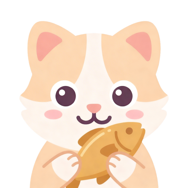去掉图片中的蓝色背景，保留可爱小猫抱着小鱼干的形象，保留圆角方形外轮廓，保持原有扁平风卡通风格不变预览效果