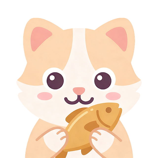 去掉图片中的蓝色背景，保留可爱小猫抱着小鱼干的形象，保留圆角方形外轮廓，保持原有扁平风卡通风格不变