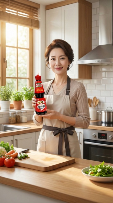 制作这个产品的电商主图，把它放在温馨明亮的现代厨房里，一个气质美女正在展示它，产品不要太大预览效果