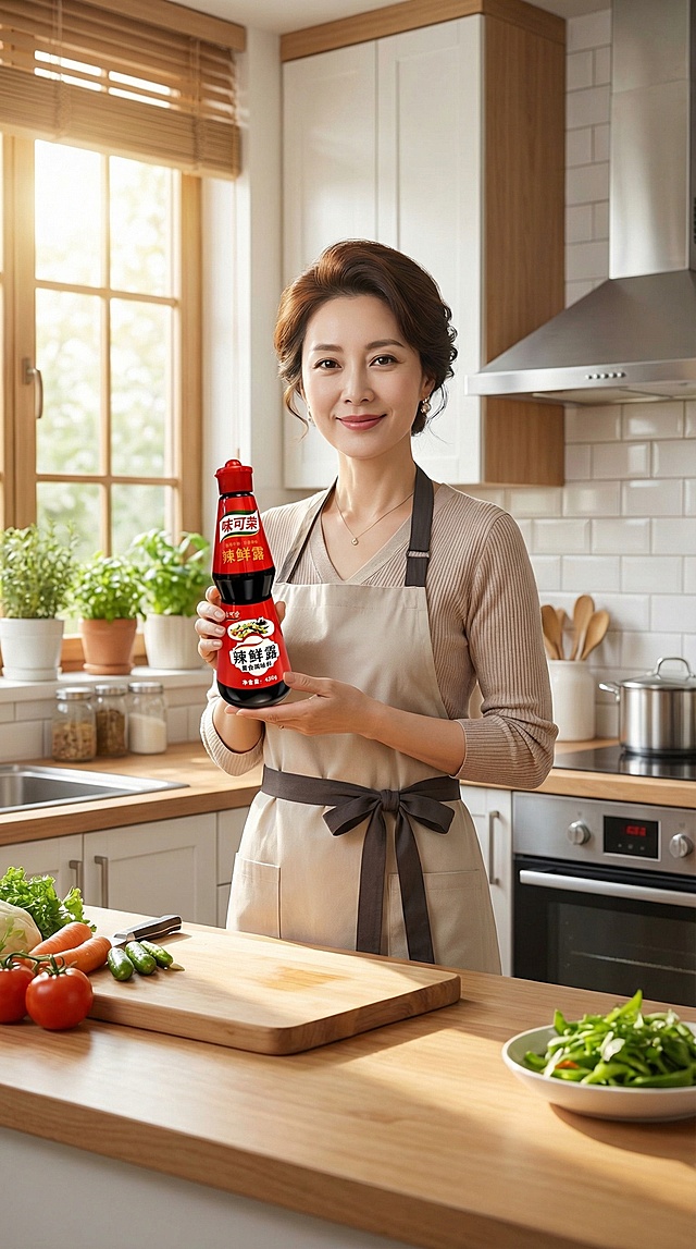 制作这个产品的电商主图，把它放在温馨明亮的现代厨房里，一个气质美女正在展示它，产品不要太大