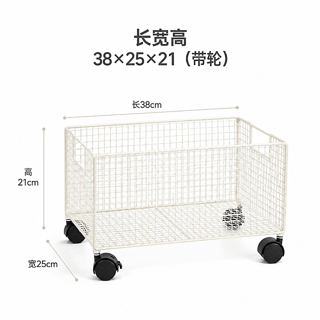 「图片1」生成淘宝主图4张，产品名称：教材收纳筐，卖点是加高围栏设计，方便收纳大容量书本，不易滑落。左右预留一体式手提空，轮子360°丝滑转向，自带刹车卡扣，可固定。轮子可拆卸，兼顾推车收纳与普通置物筐。要求：保留图片中置物篮尺寸大小和网格细节不变。生成一张标注长宽高（38×25×21（带轮））的尺寸图。生成三张有教室场景且置物篮装满教材的图片。