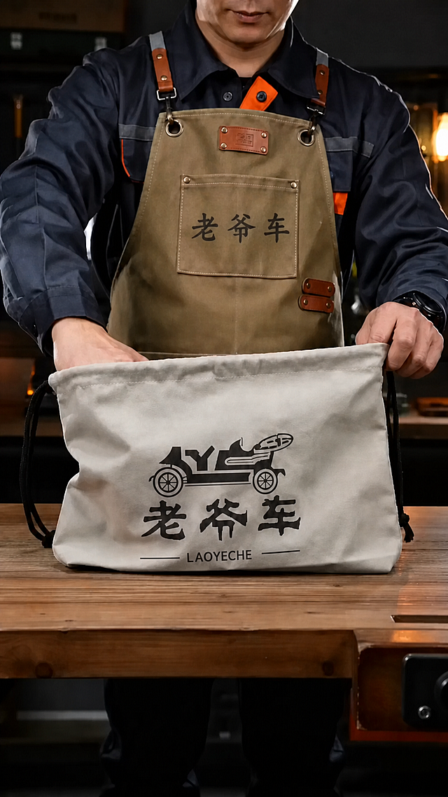 将图中人物围裙上的“品质男鞋”四个字替换为“老爷车”三个汉字，同时将白色束口袋上的英文替换为“LAOYECHE”，保持围裙和袋子的褶皱、光影、透视角度、字体风格与整体画面完全一致，自然融合，袋子上的老爷车logo和文字保持不变