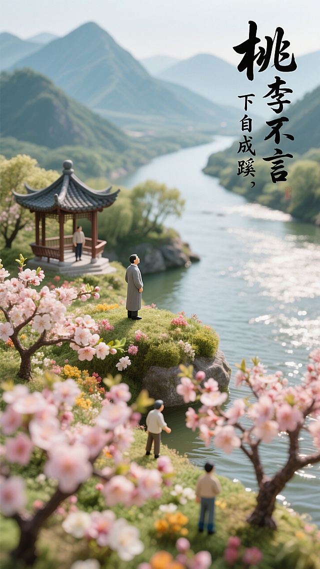 中式古典风，清新3D微缩艺术，桃李成蹊，水墨意境。