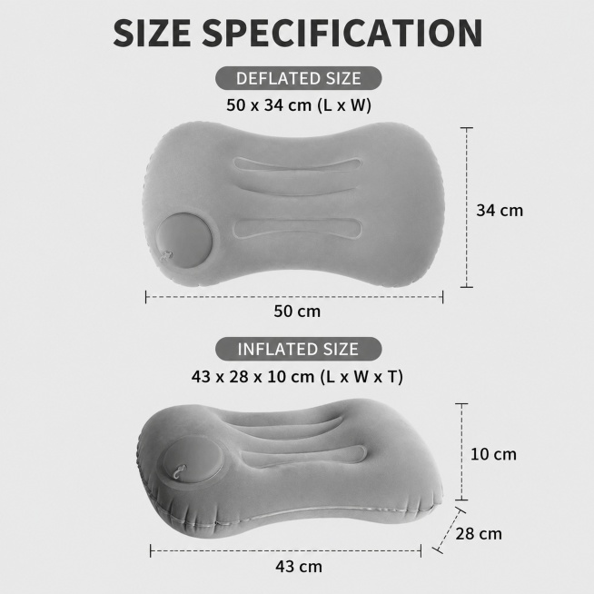 Generate a size specification main image for light gray inflatable pillow, place the product in the预览效果