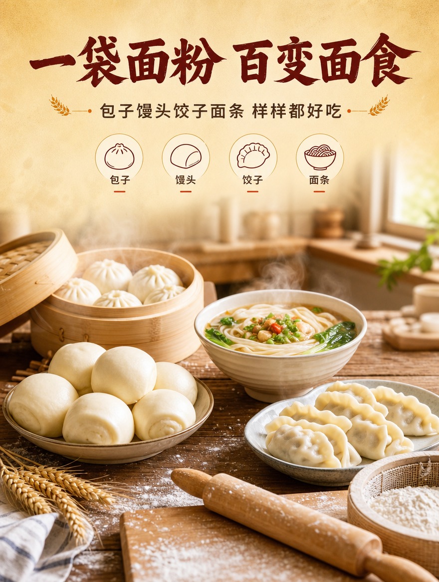 [画面] 目标：食用场景页，展示多种家常面食吃法。版式：居中大… - 图片创意预览