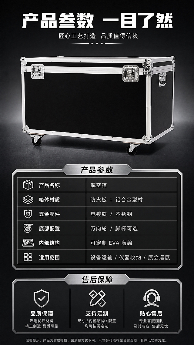 [商品] 使用【图1】黑色铝合金航空箱；保留整体结构和外观特征；作为规格参数页的产品展示图。
[画面] 目标：规格参数+售后保障页，清晰展示产品参数和购买保障。构图：上下分栏，上半部分产品标准照（占40%），下半部分参数信息卡+售后保障图标。景别：全景产品照+信息卡。前中后景：深灰渐变背景，中上部航空箱正面标准照，下部参数表格和售后图标区。阅读动线：从上到下，先看产品再读参数和保障。
[视觉] 套系策略：风格=工业风硬朗商业摄影，高级质感；标题字=粗黑体，厚重有力；正文字=简洁无衬线黑体；主色=炭黑+金属银；背景延展=深炭灰渐变打底；强调色=亮银色，仅用于表格线条和图标点缀；标题色=纯白；正文色=浅银灰；组件=金属质感参数表格、售后图标卡、分隔线；光影=产品正面均匀布光，清晰展示整体外观。
[文字] 顶部主标题「产品参数 一目了然」。参数表格含：产品名称（航空箱）、箱体材质（防火板+铝合金型材）、五金配件（电镀铁/不锈钢）、底部配置（万向轮/脚杯可选）、内部结构（可定制EVA海绵）、适用范围（设备运输/仪器收纳/展会巡展）。底部售后保障区：3个图标+文字 — 品质保障、支持定制、贴心售后。文字全部横排，参数用「约/支持/可选」等保守表述，不虚构精确数值。
[规格] 图片比例9:16竖版，4K分辨率，负向提示：避免变形、缺件、颜色偏差、文字模糊、竖排文字、斜排文字、卡通风格、塑料质感、极限词、虚假参数、绝对化承诺。