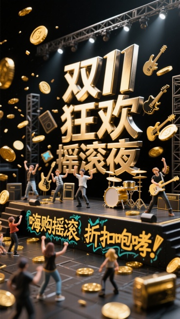 打造重金属摇滚风格，主色调为黑与金属金，画面是演唱会式的购物现场，舞台上有巨大的 “双 11 狂欢摇滚夜” 金属字体，商品如乐器般被激情 演奏，购物者化身摇滚歌手狂欢，金币如鼓点般落下，文字用摇滚涂鸦预览效果