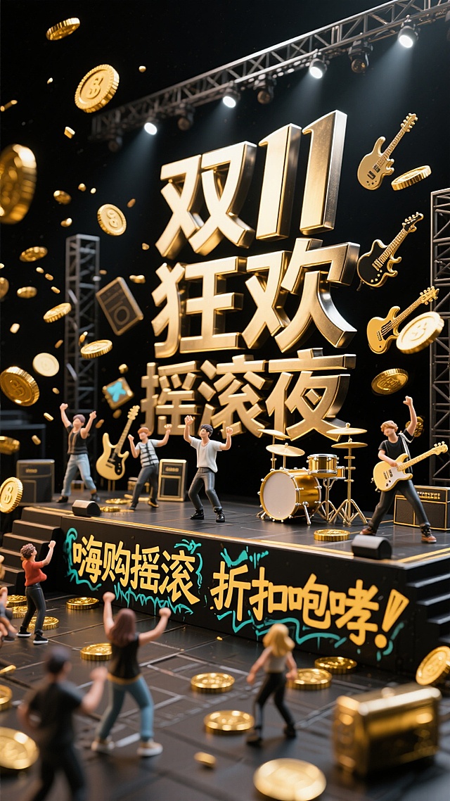 3D微缩艺术风，鎏金金属质感，舞台摇滚元素与金币飞舞，营造酷炫促销氛围，综艺感十足，双11狂欢夜主题鲜明。