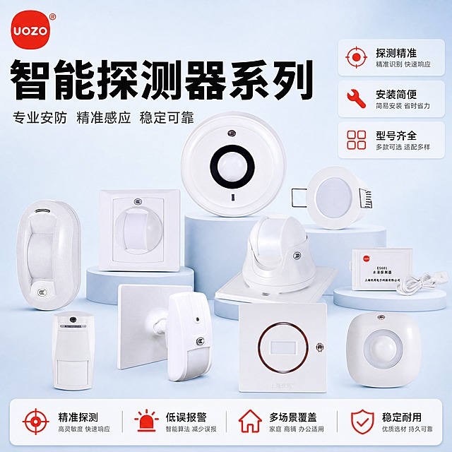 [主图-1] 首图点击率：全系列探测器全家福展示，突出品牌专业形象与产品矩阵，一眼看清主体与核心卖点。
[统一基调] 风格=报警行业专业商业摄影，克制高级，满版高信息密度；标题字=现代无衬线粗黑体（思源黑体风格）；正文字=简洁无衬线常规体；主色=浅蓝（#E8F2FB）+浅灰（#F5F7FA）；背景=浅蓝到浅灰柔和渐变，细腻哑光质感；强调色=警示红（#E53935），仅用于小面积图标、引线、标签点缀；标题色=黑色（#1A1A1A）；正文色=深灰（#4A4A4A）；组件=圆角浅底信息卡、细线图标、底部卖点条；光影=柔和棚拍顶光+侧柔光，产品底部自然投影，无硬阴影；左上角放UOZO红色圆形品牌LOGO。
[画面] 产品使用【图1】全系列10款探测器，严格保留每款原始外形、结构、比例、颜色、Logo标识、探测窗口、指示灯、外壳等所有细节，不扭曲不变形。产品按类别有序组合陈列在画面中下部，占画面约55%。画面上方大标题区，右侧配核心参数标签块，底部通栏卖点条。整体满版排布，不留大面积空白。视角为微俯视正面陈列。
[光影质感] 柔和棚拍光，顶光为主，侧光辅助，产品边缘高光清晰，底部自然投影，背景渐变柔和过渡，整体明亮通透，无暗角。
[配色] 主色浅蓝+浅灰渐变背景，产品白色机身自然融入，警示红仅用于图标和重点标签点缀，标题黑色，正文深灰，整体克制高级。
[文字版式] 左上角UOZO红色圆形LOGO。顶部主标题（黑色超大粗体）：智能探测器系列。副标题（深灰中号）：专业安防 精准感应 稳定可靠。右侧配3个参数标签块：探测精准、安装简便、型号齐全。底部通栏4个卖点图标+文字：精准探测 低误报警 多场景覆盖 稳定耐用。文字全部横排，字号层级分明，手机端清晰可读，不遮挡产品主体。
[输出要求] 比例1:1，2048x2048px，2K分辨率，京东平台适配，中文简体。避免：产品变形扭曲、深色背景、高饱和彩色、文字竖排/斜排、极限词、虚假宣传、水印、二维码、京东平台Logo。