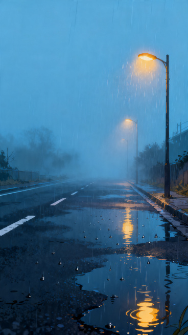 一张充满忧郁氛围的动漫背景，阴雨天的空寂街道，冷色调，雨滴打湿的柏油马路倒映着昏黄的路灯，远处雾气朦胧，空无一人，整体画面静谧忧伤，文艺动漫风格，细腻的笔触，柔和的光影预览效果