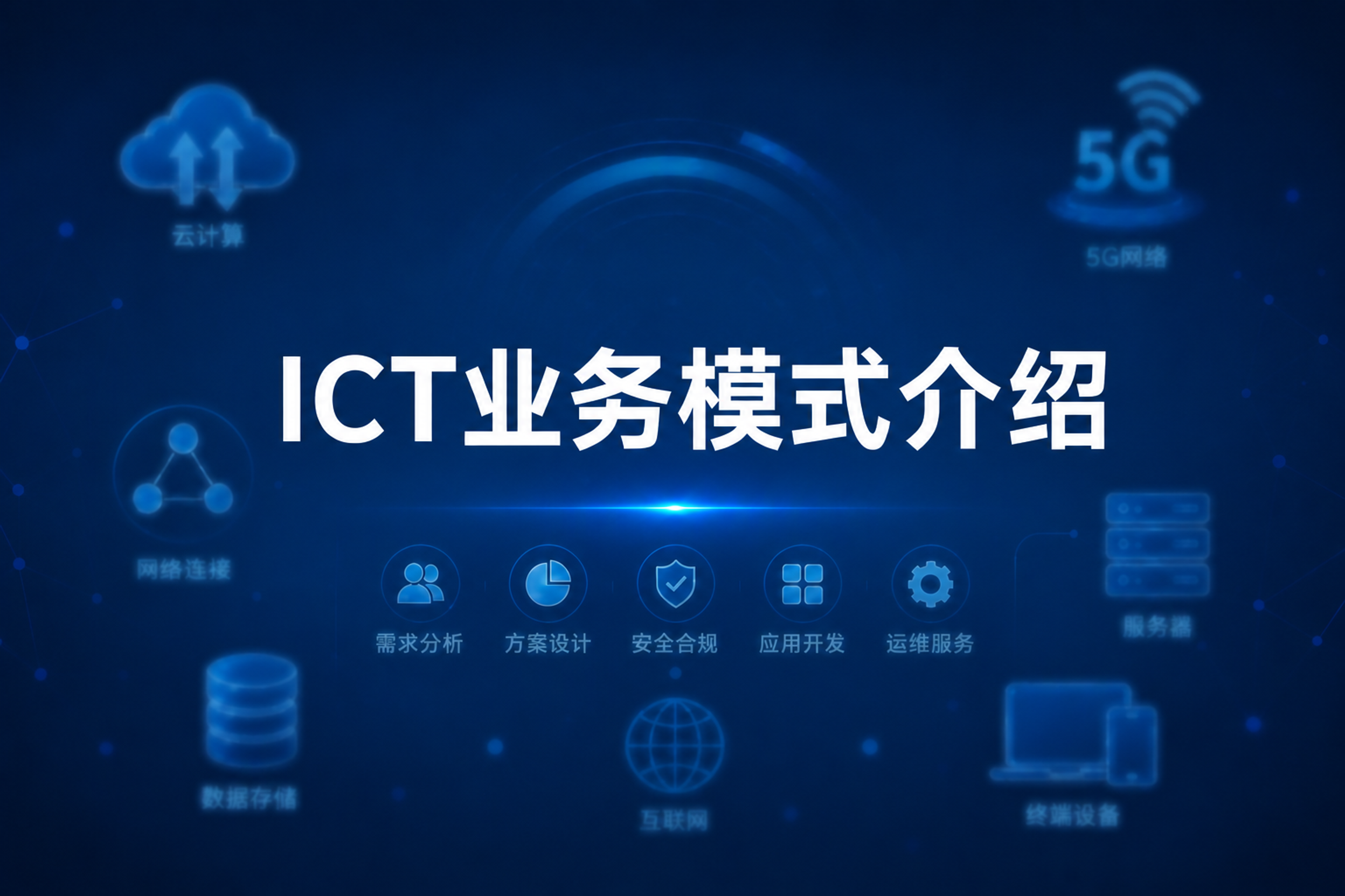 将中央的标题文字替换为"ICT业务模式介绍"，保持白色粗体大字… - 图片创意预览