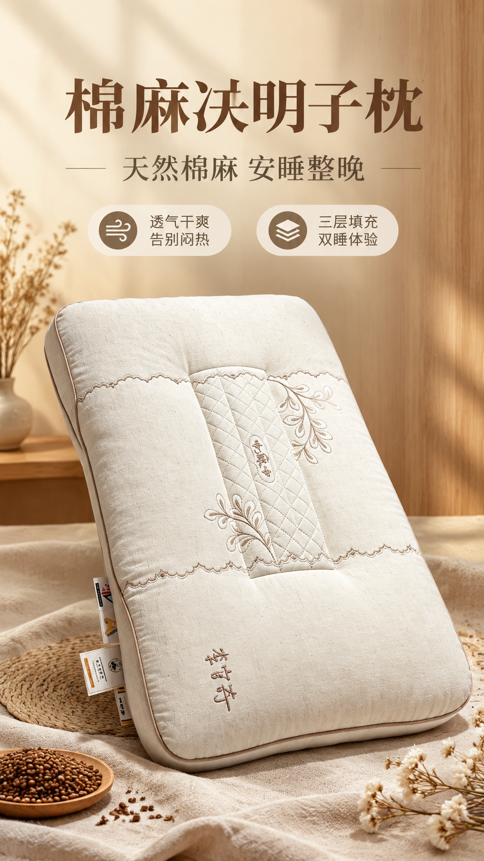 [商品] 使用【图1】棉麻决明子枕芯；保留枕芯整体结构、米白色… - 图片创意预览