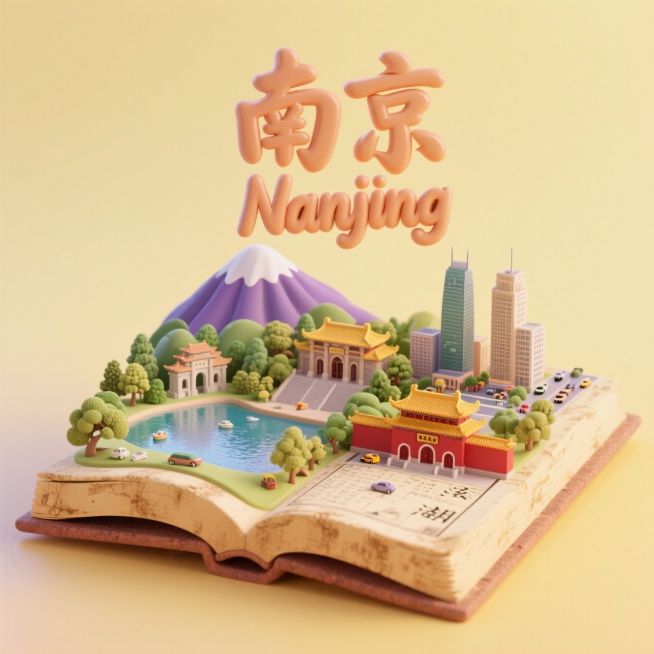 一本打开的古代书籍，书是打开的，书上是南京城市景观微缩模型，有南京的紫金山，中山陵，玄武湖，新街口，明故宫，总统府，上方有中文“南京”和英文“Nanjing”，整体画面生动，色调温暖明快，充满活力与朝预览效果