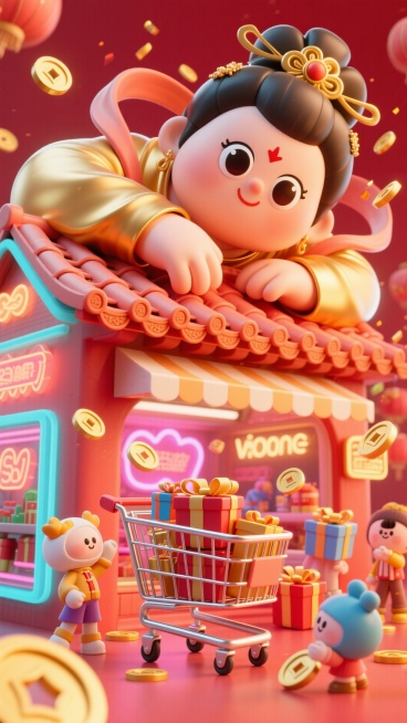 画面呈现金红色调：巨人版胖嫦娥（看起来可爱又漂亮，大眼睛）脑袋侧枕着手臂从屋顶后探出，与下面的微缩的软3D风格融合卡通人物与霓虹灯风，营造喜庆促销氛围，虚拟现实场景中购物车满载礼物，金币与礼盒飞舞，呼预览效果