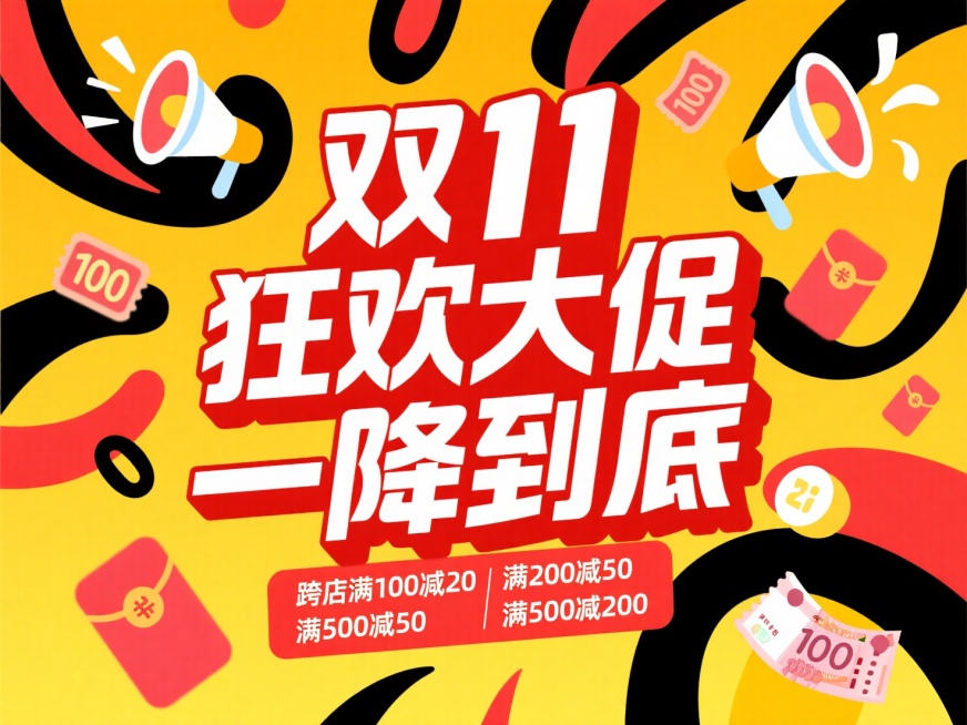 主标题“双11狂欢大促一降到底” ，搭配 “跨店满 100 减 20”“满200减50”“满500减200” 红色副标题框，点缀优惠券、喇叭，人民币100元，红包等促销小元素，背景为黄色渐变，促销氛围预览效果