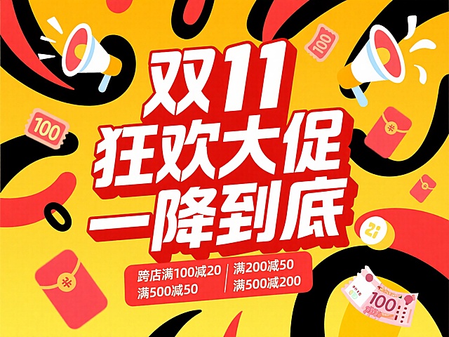 孟菲斯风格撞色设计，扁平风几何图形点缀，大字风突出“双11狂欢大促”，印刷风元素强化促销感，满减信息清晰醒目。