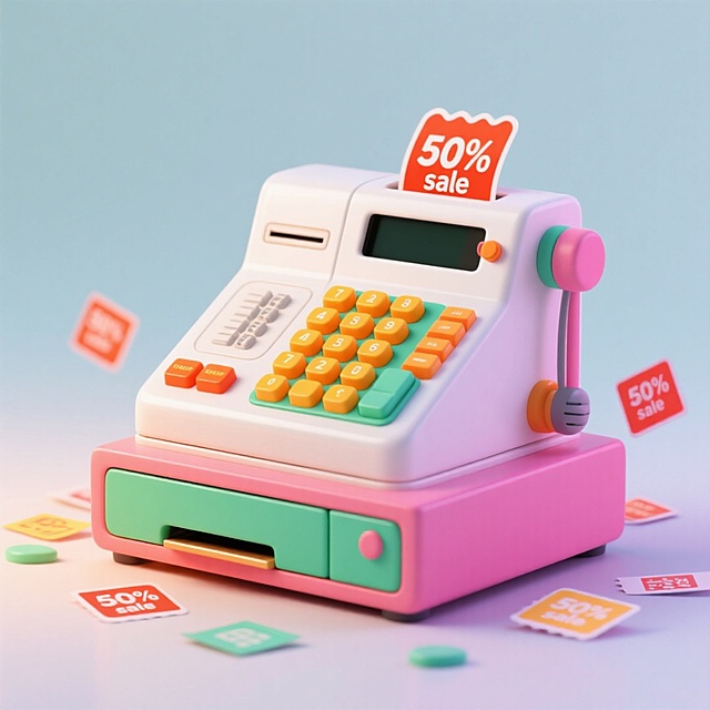 软3D风格的卡通收银机，色彩柔和，充满可爱感与促销氛围，搭配飞舞的折扣标签，营造出轻松愉悦的购物节视觉体验。