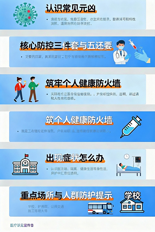 冬季是流感、新冠、肺炎支原体感染等呼吸道传染病的高发季节。气温降低、空气干燥、室内活动增多，为病毒传播创造了条件。掌握科学防控知识，共建健康屏障，是我们保护自己、关爱家人的重要方式。
一、 认识常见“元凶”
疾病名称：流行性感冒 ，主要病原体：流感病毒 ，主要症状：高热（常超38.5℃）、畏寒、头痛、全身酸痛、乏力，呼吸道症状相对较轻。   易感人群：全人群，尤其儿童、老人、孕妇、慢病患者。
疾病名称：新型冠状病毒感染 ，主要病原体：新冠病毒，主要症状： 发热、咳嗽、咽痛、乏力，部分有味觉嗅觉减退或丧失，重症可出现呼吸困难。  易感人群： 全人群，老年人及有基础疾病者重症风险高。
疾病名称：肺炎支原体感染 ，主要病原体：肺炎支原体 ，主要症状：阵发性、刺激性干咳为主，夜间重，可伴有发热、头痛。部分儿童症状较重。  易感人群： 5岁以上儿童及青少年多见。
疾病名称：普通感冒 ，主要病原体：鼻病毒等，主要症状： 鼻塞、流涕、打喷嚏、咽干痒，通常不发热或轻度发热，全身症状轻。  易感人群： 全人群，儿童每年可达数次。
疾病名称：呼吸道合胞病毒感染，主要病原体： 呼吸道合胞病毒，主要症状： 类似感冒，但婴幼儿感染易出现喘息、气促、呼吸困难等下呼吸道症状。  易感人群： 2岁以下婴幼儿，尤其是早产儿、低体重儿。
二、 核心防控“三件套”与“五还要”
“防控三件套”
1. 规范佩戴口罩：在人员密集场所、乘坐公共交通工具、前往医疗机构时务必佩戴。
2. 保持社交距离：排队、交谈时，尽量保持1米以上安全距离。
3. 做好个人卫生：勤洗手，避免用未清洁的手触摸口、眼、鼻。
“防护五还要”
1. 口罩还要继续戴：尤其是自己或周围人出现呼吸道症状时。
2. 社交距离还要留：减少非必要的聚集活动。
3. 咳嗽喷嚏还要遮：用纸巾或肘袖遮掩口鼻。
4. 双手还要经常洗：使用肥皂/洗手液和流动水，按“七步洗手法”清洗。
5. 窗户还要尽量开：每天至少开窗通风2-3次，每次20-30分钟，保持室内空气流通。
三、 筑牢个人健康“防火墙”
· 接种疫苗是最有效的手段：及时接种流感疫苗、新冠疫苗以及肺炎球菌疫苗，降低感染和重症风险。老人、儿童等重点人群尤其建议接种。
· 增强自身免疫力：
  · 均衡营养：多吃蔬菜水果，保证优质蛋白摄入。
  · 适量运动：坚持适度锻炼，避免过度劳累。
  · 充足睡眠：避免熬夜，保持良好作息。
  · 保暖防寒：根据天气增减衣物，注意脚部和背部保暖。
· 养成良好生活习惯：
  · 不随地吐痰，口鼻分泌物用纸巾包好弃于垃圾箱内。
  · 家庭常用物品（门把手、遥控器等）定期清洁消毒。
  · 毛巾、水杯等个人用品不混用。
四、 出现症状怎么办？
1. 及时就医，居家休息：一旦出现发热、咳嗽等呼吸道症状，应佩戴口罩，及早就近就医。避免带病上班、上学，减少与他人接触。
2. 遵医嘱治疗，不盲目用药：尤其是不自行使用抗生素（如阿莫西林、头孢等），因为流感、新冠、普通感冒均为病毒感染，抗生素无效。肺炎支原体感染需使用特定抗生素（如阿奇霉素等），需医生指导。
3. 做好健康监测：居家期间，密切观察病情变化。若出现高烧不退、呼吸困难、意识模糊、胸痛等严重症状，应立即就医。
五、 重点场所与人群防护提示
· 学校/托幼机构：严格落实晨午检、缺勤追踪、通风消毒制度。学生身体不适及时报告。
· 养老院/福利院：加强访客管理，工作人员做好健康监测，确保室内环境清洁卫生。
· 医院/诊所：患者和陪护人员全程佩戴口罩，严格遵守诊疗流程和感染控制规定。
· 公共交通：乘车时规范佩戴口罩，尽量错峰出行，触摸公共设施后及时手消毒。
多一份预防，少一份疾病！
让我们携手行动，用科学的防护知识，为自己和家人的健康筑起坚固防线，平安度过这个冬天！把这个文案做成一个图文并茂的宣传栏