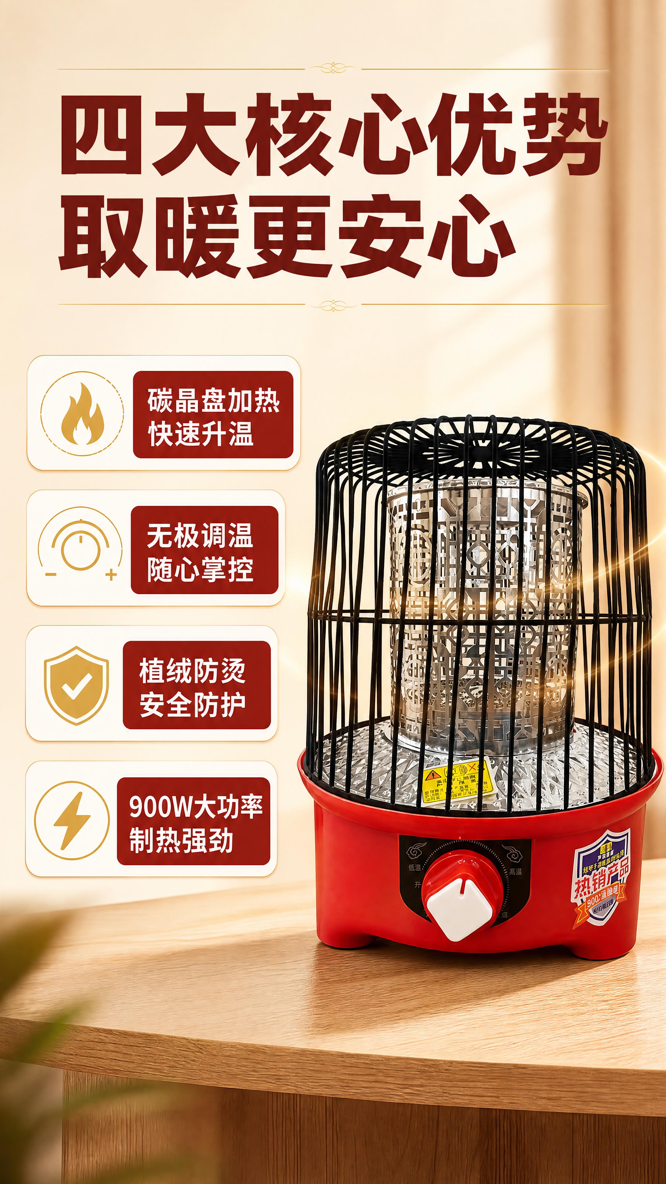 [商品] 使用【图1】千湛电器红色鸟笼式碳晶取暖器；保留红色底… - 图片创意预览