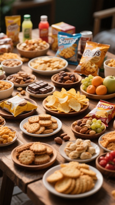 一张摆满各种美味零食的特写照片，展示了丰富多样的零食，包括薯片、饼干、巧克力、水果、坚果、饮料等，它们被精心地摆放在木质桌面上，色彩鲜艳，光影柔和，营造出一种温馨、诱人的氛围，让人垂涎欲滴。预览效果