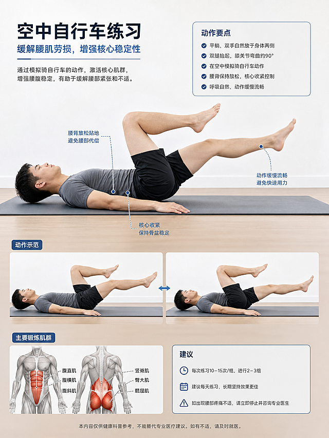 医学插画，真人演示腰肌劳损缓解动作：空中自行车练习，平卧双腿抬起，在空中模拟骑自行车动作，干净简洁的背景，专业医疗科普风格