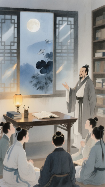 书案前，书架旁，油灯照亮书卷，笔筒。夫子讲解，学子专注听讲。中式淡彩风格，暖色调为主，背景冷色调（花青、墨色）为主。中式窗，月色朦胧。预览效果