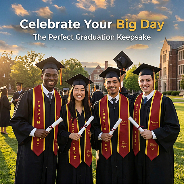 1:1 square ratio, strict fidelity to the uploaded product's design. Wide shot of a diverse group of graduates (male and female, multi-ethnic) wearing custom burgundy and gold stoles, standing on a sunlit university lawn with caps and gowns, holding diplomas, the stole's burgundy and gold color standing out against green grass and blue sky. Overlay text in bold sans-serif font: "Celebrate Your Big Day" (main title), "The Perfect Graduation Keepsake" (subtitle). Warm golden hour lighting, documentary-style photography, American college graduation celebration scene, emotional and ceremonial atmosphere.