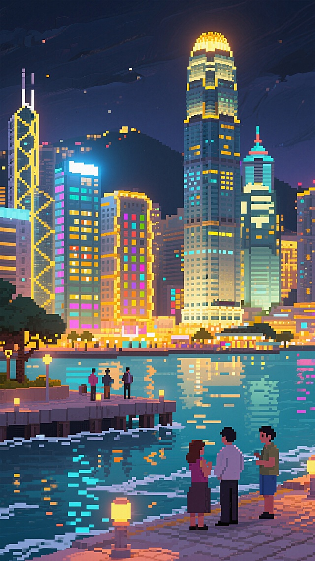 香港维多利亚夜景，海边，散客，灯光，高楼