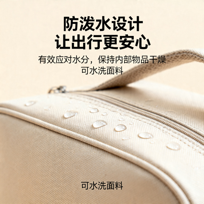 抖音商品详情页卖点图，展示旅行收纳包防水面料特点，画面包含大标题“防泼水设计 让出行更安心”副标题“有效应对水分，保持内部物品干燥”和小字“可水洗面料”，整体米色简约ins风，展示水滴在面料上的效果，预览效果