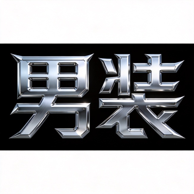 纯黑色背景。
3D艺术字体设计，1字主体文字“男装”，所有文字单行横向排列，机械金属机甲字体风格，尖锐棱角，亮银色金属拉丝质感，冷硬工业风。
仅包含1个字："男装"，不得增加、遗漏或替换任何一个字。预览效果