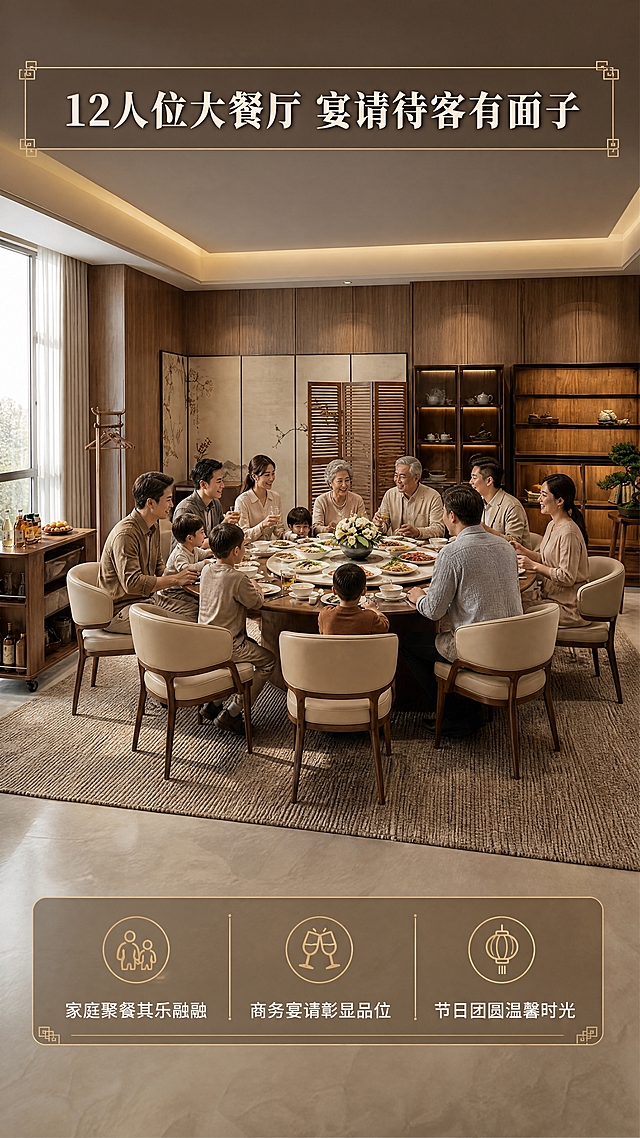 [商品] 使用【图10】餐厅全景场景图；保留全套家具的结构、颜色、材质和空间布局；增强空间生活氛围，添加亚洲家庭成员用餐互动的自然场景（人物不遮挡核心家具），人物动作自然真实，不改变家具原貌。
[画面] 页面目标：沉浸式体验餐厅生活方式，展示12人家庭聚餐、宴请待客场景；构图：场景满铺竖版布局，顶部叠加半透明文案条，底部叠加卖点条；主体占比：场景人物+家具占画面85%；景别：全景，展示完整餐厅用餐场景；人物：亚洲家庭多人围坐餐桌用餐、交谈，自然放松状态；阅读动线：从上至下；前中后景：前景餐桌餐具与食物、中景人物用餐互动、后景柜类与窗户自然光。
[视觉] 套系策略：风格=新中式轻奢高级商业摄影；标题字=宋体加粗典雅大气；正文字=简洁无衬线体；主色=胡桃木棕+米杏色；背景延展=基于胡桃木棕与米杏色做深浅层级、同色渐变和细腻木纹/宣纸质感；强调色=鎏金色，仅用于小面积图标、引线、标签和装饰线条；标题色=深胡桃棕；正文色=暖灰棕色；组件=圆角浅棕信息卡、细金线引线、中式回纹装饰元素；光影=暖黄色餐厅灯光+窗边自然光，温馨氛围感。
[文字] 顶部半透明深色条：主标题"12人位大餐厅 宴请待客有面子"（12字）；底部半透明条：3个场景卖点："家庭聚餐其乐融融""商务宴请彰显品位""节日团圆温馨时光"；文字不遮挡人物面部与餐桌核心区域；所有文字横排。
[规格] 图片比例9:16竖版，4K分辨率，负向提示：避免变形、错字、文字过小、人物面部模糊、家具结构改变、颜色失真、冷光、极限词、水印、二维码。
