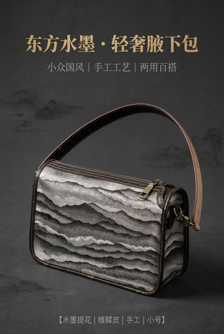 严格还原上传的水墨山水纹腋下包产品，包括水墨山水提花图案、皮革包边、撞色明线、复古金属五金、肩带细节、低饱和灰调配色等所有细节，产品比例 1:1。整体为低饱和东方轻奢杂志风，背景为深灰带极淡水墨晕染的预览效果