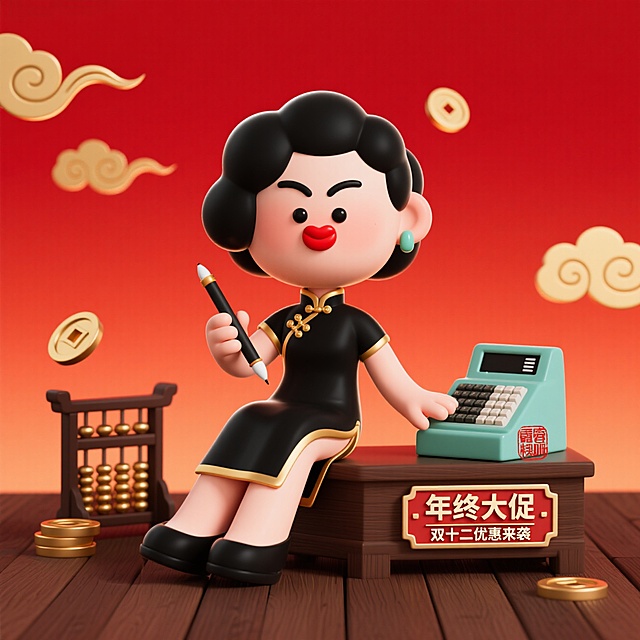 国潮风软3D卡通人物，身穿旗袍手持笔与计算器，搭配算盘与金币，喜庆红金配色，浮雕质感背景，传递双十二促销氛围。