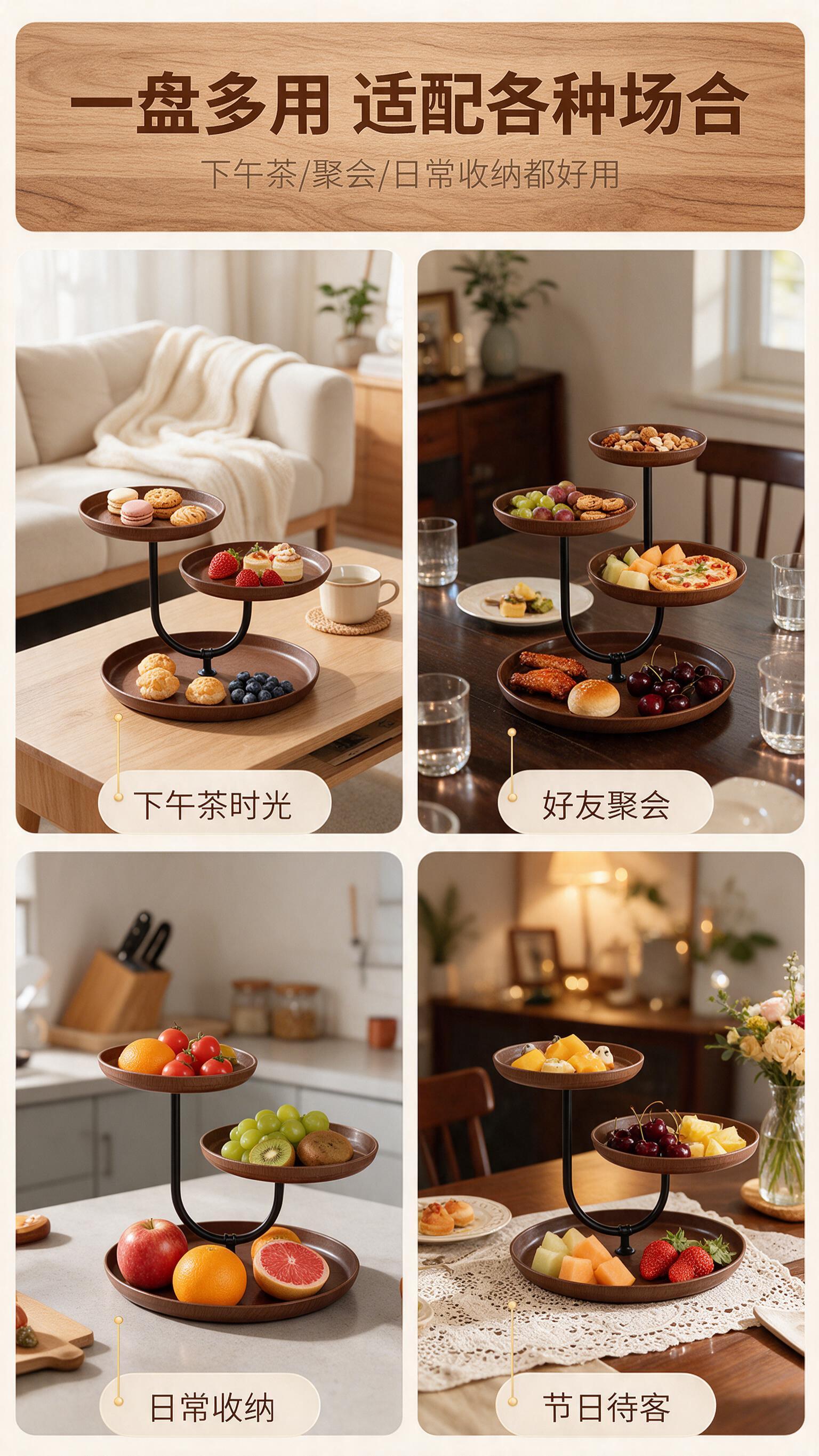 [商品] 使用【图1】家用三层仿木纹点心水果盘；保留三层圆形托… - 图片创意预览