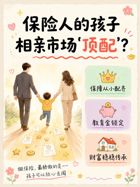 小红书笔记大字封面，插图大字，ins清新手绘风格，版式精美，小红书笔记封面质感，适合信息流点击。主标题必须完整呈现且为画面视觉中心，逐字锁定："保险人的孩子
相亲市场'顶配'?"。主标题字号占画面约4预览效果