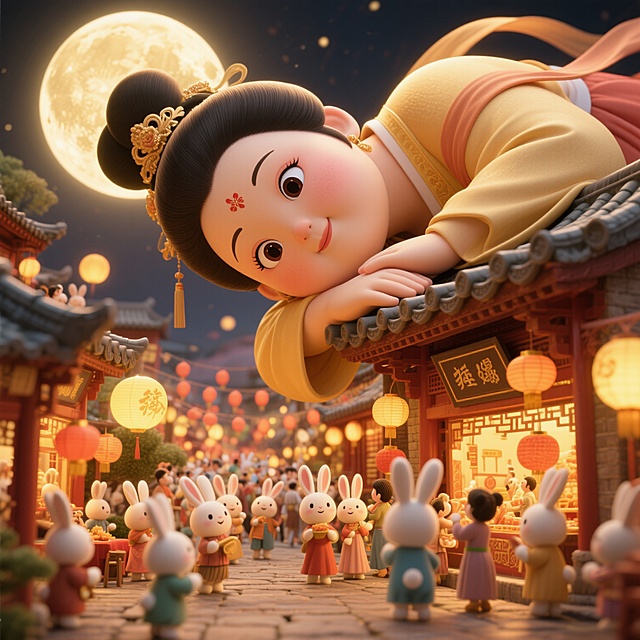 画面呈现金色调：巨人版胖嫦娥（看起来可爱又漂亮，大眼睛）脑袋侧枕着手臂从屋顶后探出，与下面的微缩的小兔国（熙熙攘攘的拟人兔子在繁华的街道过中秋节）互动，非常规的创意构图，中秋节庆的氛围，顶部硕大的月亮，